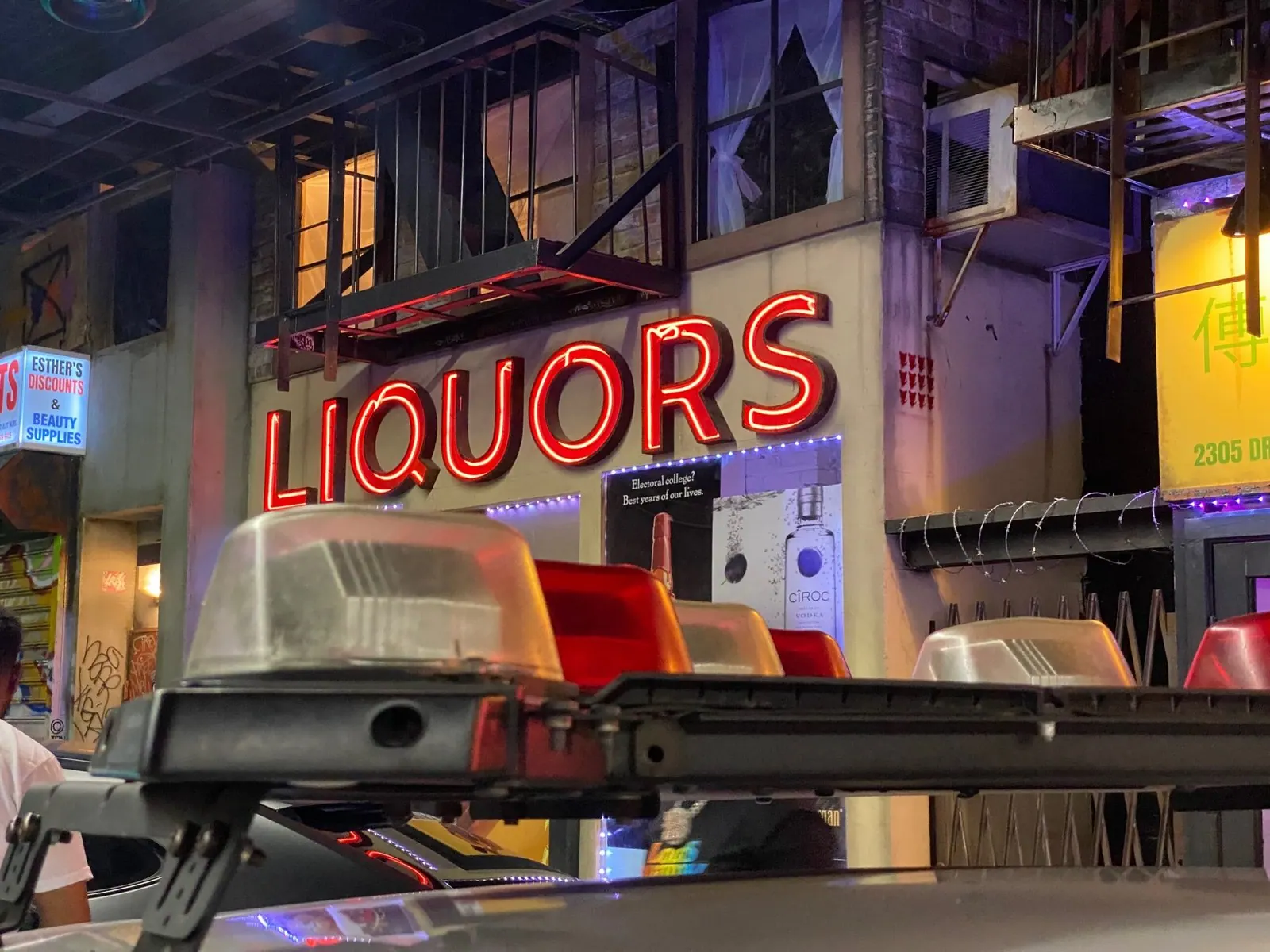 The Liquors storefront set dressed with props