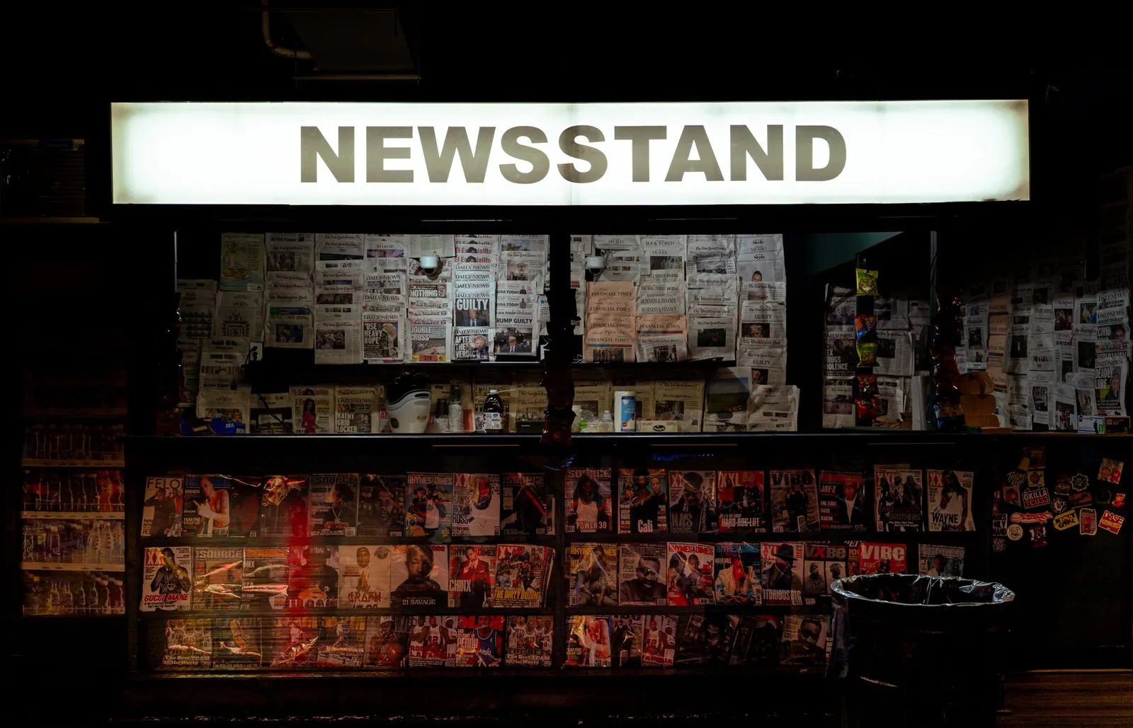 Newsstand kiosk stocked with magazines on the set